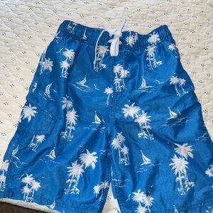 Kanu Surf Board Shorts Boys M 10-12 Swimtrunks Tropical Palm Trees Blue